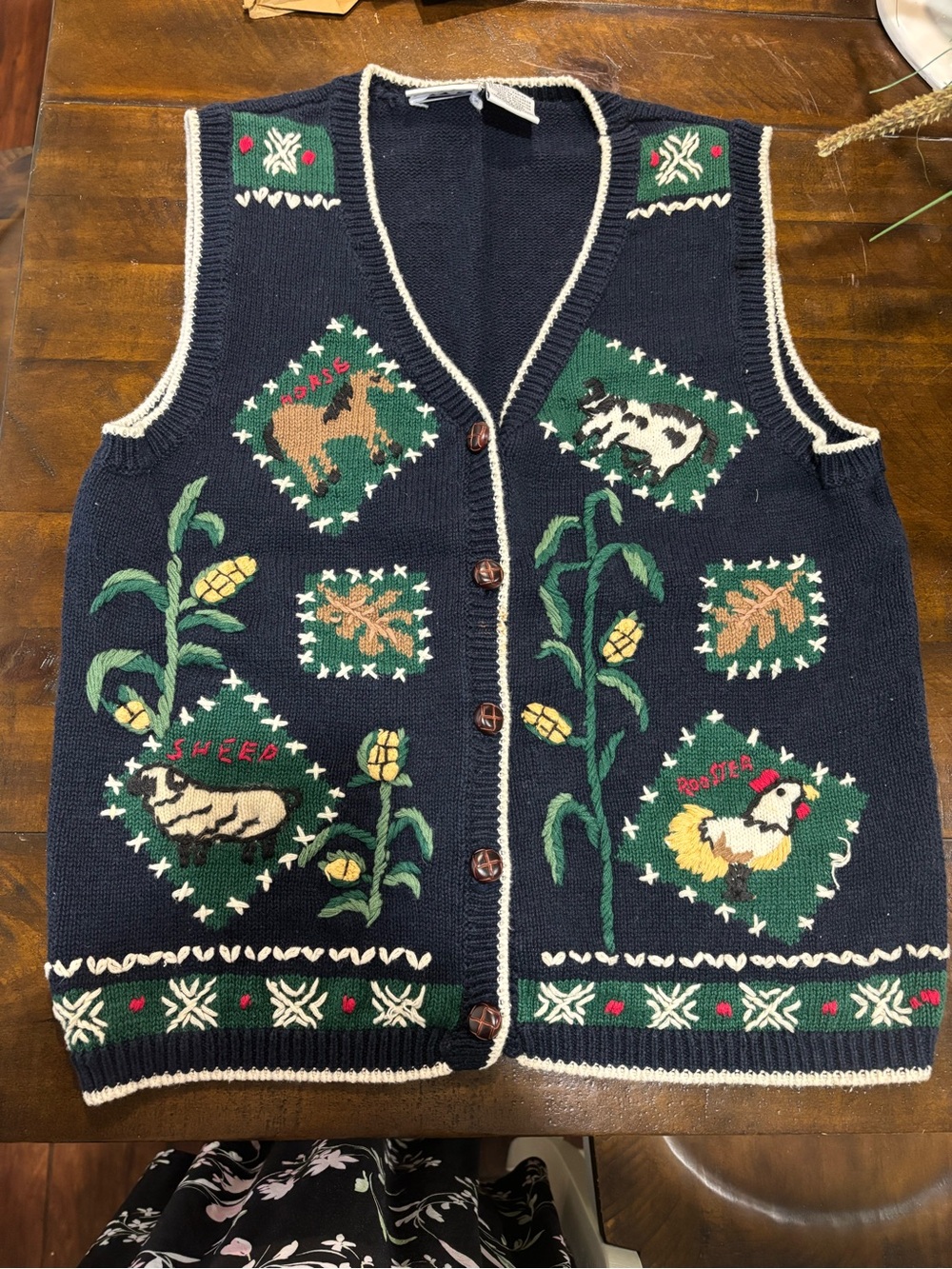 Vintage  Knit Farm Animal Button Vest with Green Patchwork Grandma Core